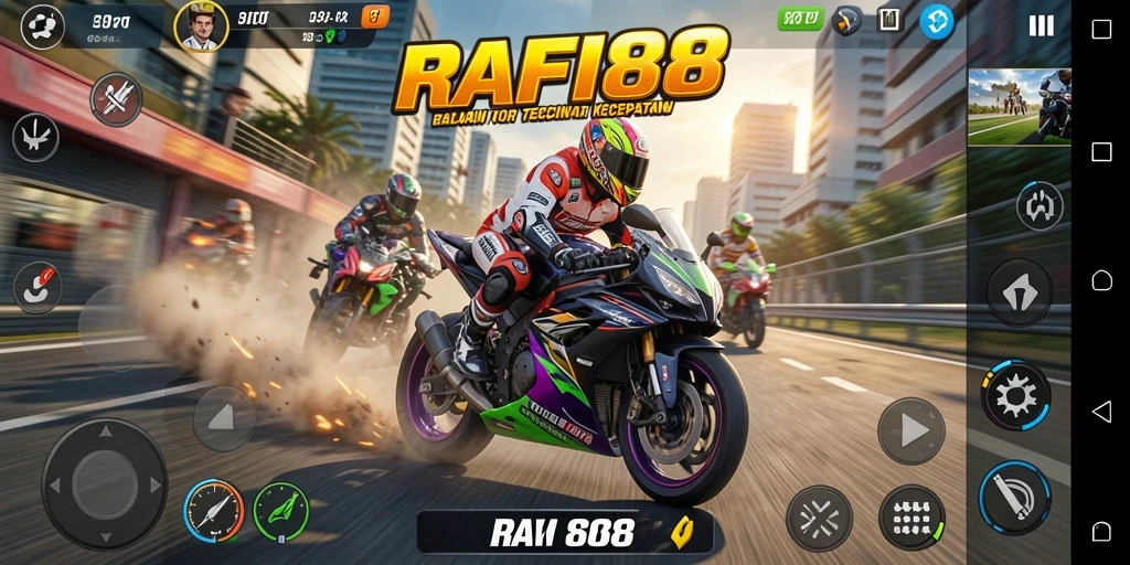Screenshot utama RAFI88 menampilkan aksi balap motor yang mendebarkan.