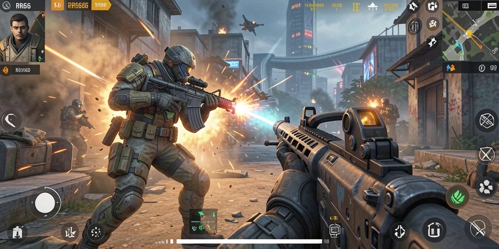 Tampilan gameplay mendebarkan dalam permainan FPS RR666.